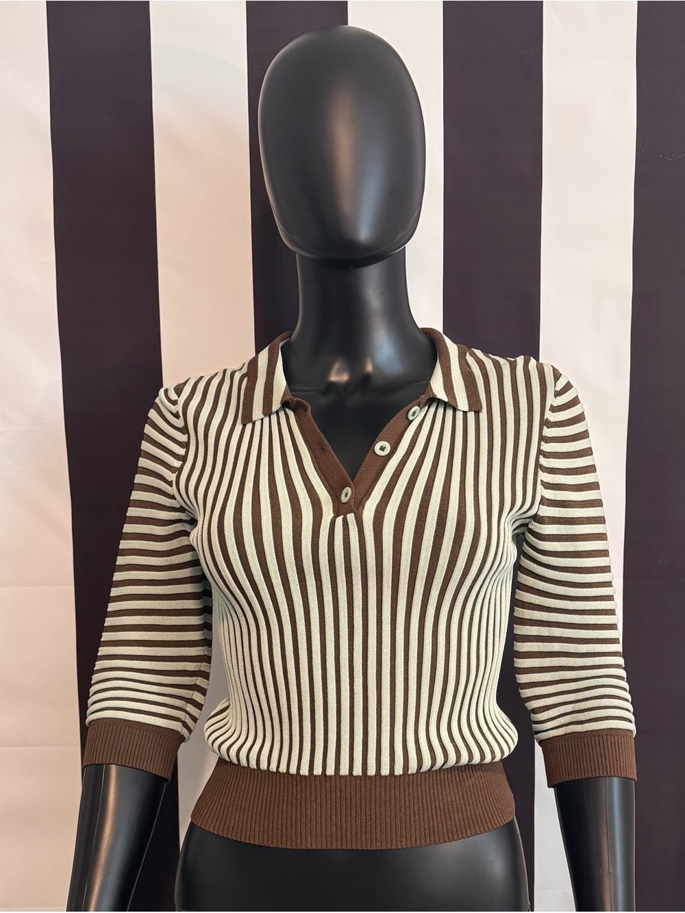 Zara Brown and Cream Striped Knit Crop Polo